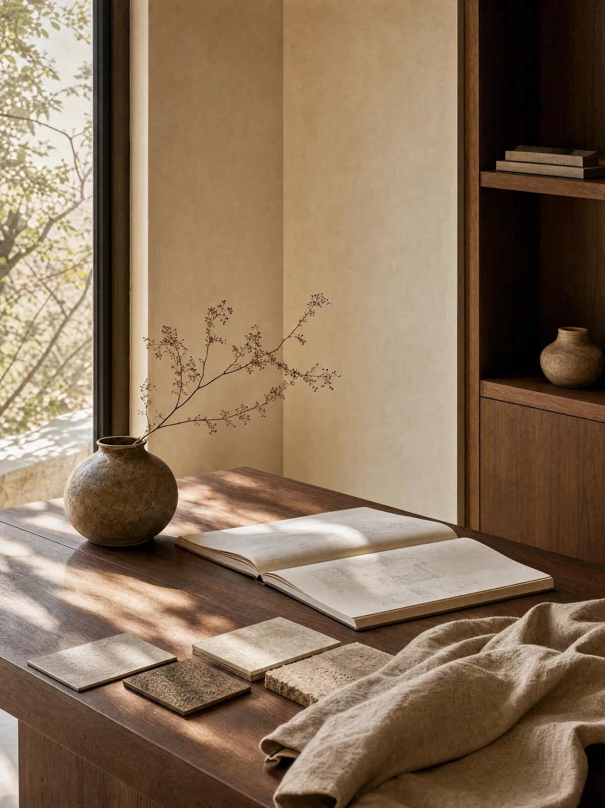 A sunlit design worktable with material samples, a sketchbook and a sculptural ceramic vase.