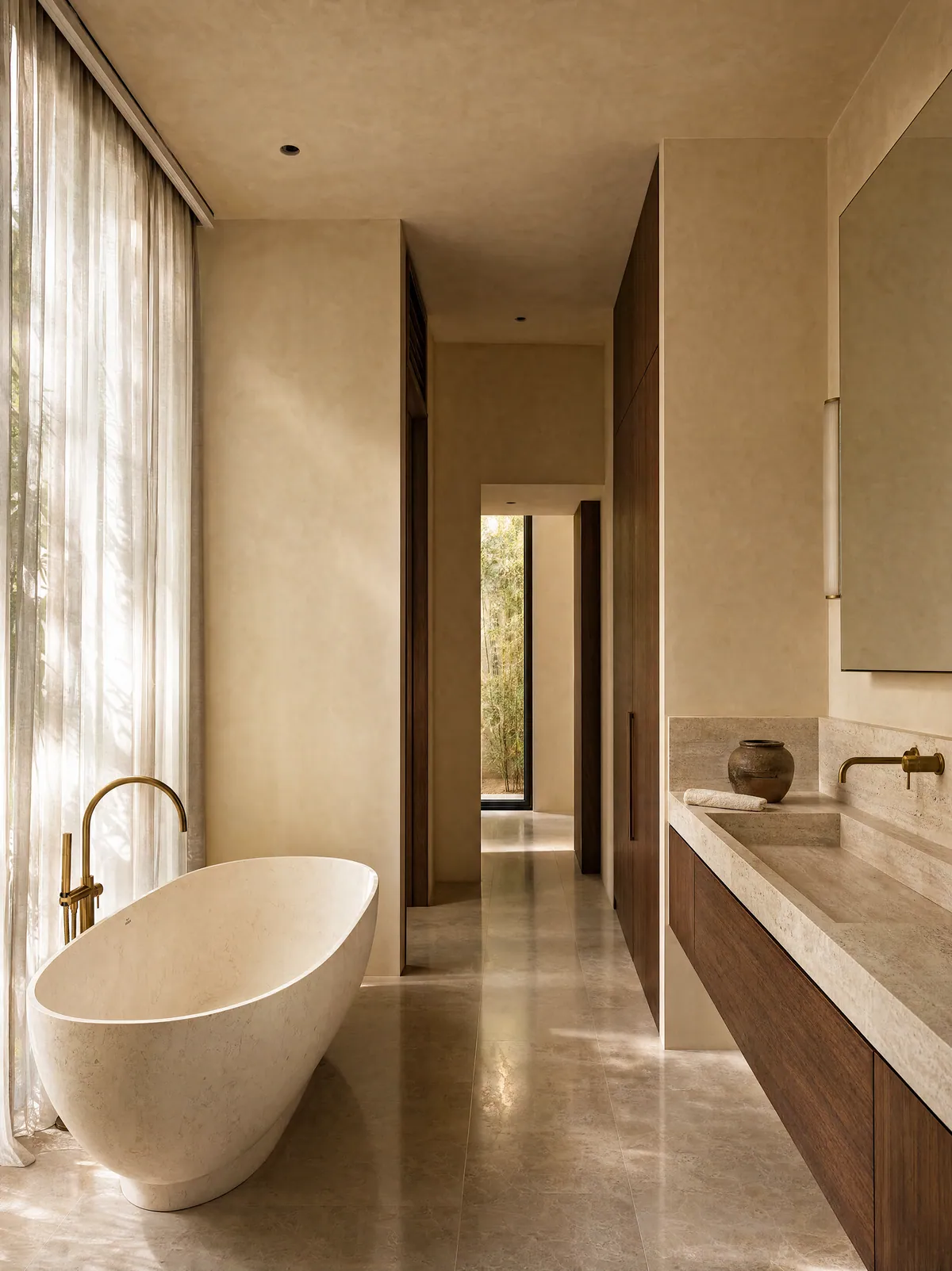 Concept bathroom with an ivory stone bath, walnut vanity and sheer curtains in soft light.