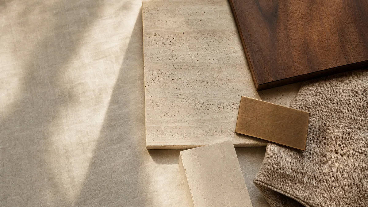 Warm walnut, pale travertine, woven linen and brushed brass arranged in a quiet material palette.