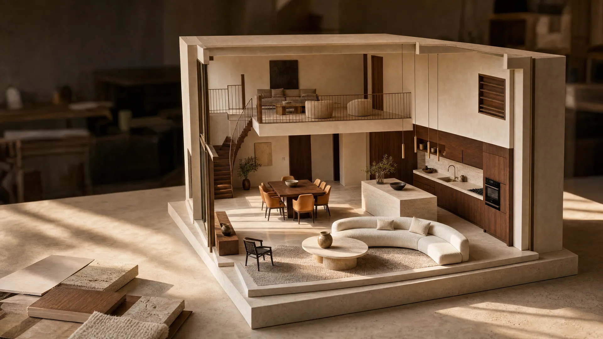 An original miniature home with walnut joinery and a sunlit lounge, arranged on a designer’s worktable.
