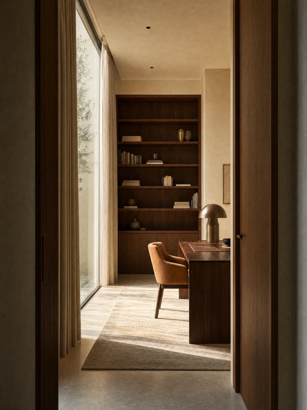 Concept study with a walnut writing desk, caramel chair and bronze task lamp.
